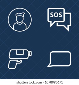 Premium set of outline vector icons. Such as retro, handgun, danger, concept, communication, internet, shape, sign, sos, cartoon, person, background, user, business, security, man, play, emergency