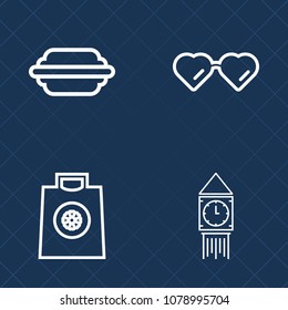Premium set of outline vector icons. Such as fast, buy, sunglasses, bun, beef, burger, food, vision, white, black, ben, meal, cheese, hamburger, uk, store, england, westminster, sandwich, style, big