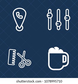 Premium set of outline vector icons. Such as professional, mobile, hairstyle, sound, style, hair, technology, gender, comb, espresso, hairdressing, web, mug, internet, scissors, female, cup, caffeine