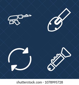 Premium set of outline vector icons. Such as bullet, rifle, gun, drill, sign, shovel, construction, hammer, army, screwdriver, automatic, black, brush, war, soldier, jazz, round, orchestra, arrow