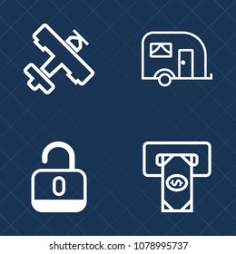 Premium set of outline vector icons. Such as protection, sky, atm, shipping, commercial, safety, transportation, truck, jet, aircraft, open, white, padlock, traffic, cargo, car, aviation, cash, bank