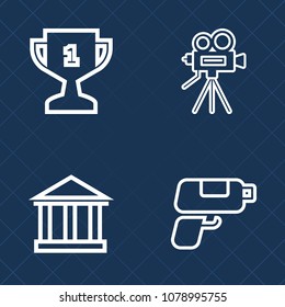 Premium set of outline vector icons. Such as winner, view, equipment, technology, vintage, ribbon, vacation, success, video, competition, sea, achievement, tripod, sky, game, background, champion, old