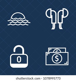 Premium set of outline vector icons. Such as digital, music, sound, finance, technology, sun, safety, outdoor, equipment, object, audio, yellow, device, safe, summer, sunny, headset, blue, protection