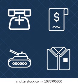 Premium set of outline vector icons. Such as short, communication, vehicle, combat, army, contact, business, discount, sale, shirt, cotton, war, white, defense, property, tshirt, telephone, soldier