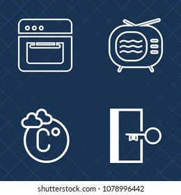 Premium set of outline vector icons. Such as broadcasting, door, tv, tube, cooker, heat, season, measurement, retro, tuner, home, scale, food, stove, arrow, sign, temperature, hot, meteorology, oven