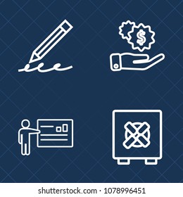 Premium set of outline vector icons. Such as pencil, banking, people, wealth, finance, male, education, earn, lock, desk, conference, currency, white, money, investment, write, business, rich, school