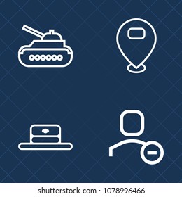 Premium set of outline vector icons. Such as battle, map, user, delete, uniform, cap, travel, web, pointer, style, soldier, armor, fashion, avatar, weapon, clothing, pin, account, hat, army, direction