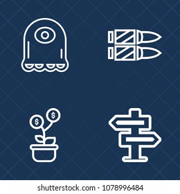 Premium set of outline vector icons. Such as horizontal, beast, gun, hotel, business, toy, funny, room, shot, wealth, investment, protection, dont, cute, eye, creature, sign, military, bullet, door