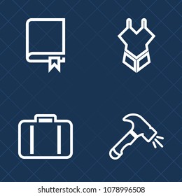 Premium set of outline vector icons. Such as construction, library, bag, fashion, travel, book, vacation, beach, girl, equipment, airport, journey, information, read, baggage, female, screwdriver, sea