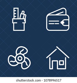 Premium set of outline vector icons. Such as desk, cash, notebook, air, table, note, house, construction, clip, wallet, electric, heat, stationery, ventilation, office, buy, card, dollar, home, fan