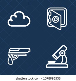 Premium set of outline vector icons. Such as technology, gun, biology, lab, code, microscope, firearm, business, lock, box, automatic, equipment, caliber, secure, war, research, steel, laboratory, web