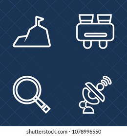 Premium set of outline vector icons. Such as wireless, see, view, space, top, global, communication, binocular, zoom, glass, rock, equipment, magnifying, technology, binoculars, magnifier, blue, earth