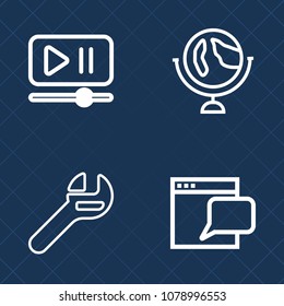 Premium set of outline vector icons. Such as travel, information, maintenance, network, earth, work, geography, communication, media, internet, industry, construction, multimedia, online, wrench, tool