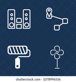 Premium set of outline vector icons. Such as fan, white, video, player, ventilator, cool, audio, technology, music, sound, navigation, gps, map, painter, play, marker, repair, pin, decoration, air