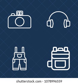 Premium set of outline vector icons. Such as sign, headphone, flash, digital, equipment, stereo, protective, clothing, travel, uniform, fashion, back, modern, suit, rucksack, color, male, leather, bag