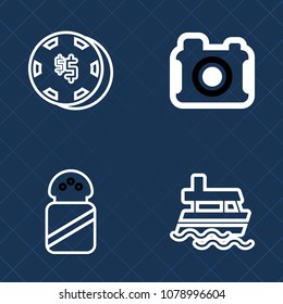 Premium set of outline vector icons. Such as transport, heap, ship, marine, salt, game, photographer, bet, equipment, film, risk, vessel, picture, technology, camera, ingredient, white, salty, vegas