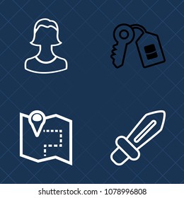Premium set of outline vector icons. Such as city, travel, home, face, person, knight, profile, gps, location, weapon, direction, social, war, battle, map, safe, head, key, people, old, fight, pin