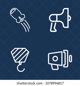 Premium set of outline vector icons. Such as spacecraft, technology, ship, planet, work, announcement, communication, craft, sound, industry, rocket, building, speaker, message, science, announce, sky