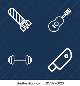 Premium set of outline vector icons. Such as workout, sound, guitar, sport, orchestra, explosive, power, black, bomb, knife, fire, string, burn, healthy, fit, acoustic, cook, jazz, kitchen, flame, gym