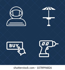 Premium set of outline vector icons. Such as hand, button, spaceman, technology, banner, table, top, astronaut, wooden, power, universe, bar, web, cosmonaut, spacesuit, astronomy, equipment, business