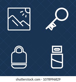 Premium set of outline vector icons. Such as device, security, handle, background, secure, sky, bag, home, style, scenic, fashion, vacation, outdoor, object, sign, brown, key, cable, connector, usb