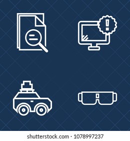 Premium set of outline vector icons. Such as luggage, virus, computer, travel, transportation, glasses, road, glass, sun, optical, danger, car, web, white, security, magnifier, journey, magnifying, pc