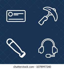 Premium set of outline vector icons. Such as bat, baseball, white, high, work, construction, finance, audio, pay, heavy, recreation, tower, technology, banking, ball, machine, play, equipment, game