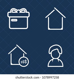 Premium set of outline vector icons. Such as architecture, mortgage, ribbon, avatar, gift, concept, residential, celebration, present, head, human, decoration, building, door, person, female, box, bow