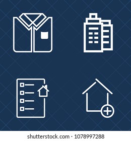 Premium set of outline vector icons. Such as clothing, outfit, add, sleeve, home, urban, modern, front, office, shirt, tshirt, buy, fashion, concept, casual, agent, business, store, city, architecture