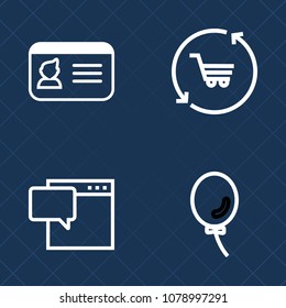 Premium set of outline vector icons. Such as identity, birthday, plastic, dialog, business, bubble, male, white, holiday, balloon, sale, card, message, celebration, refreshment, store, trolley, speech