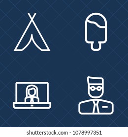 Premium set of outline vector icons. Such as computer, web, hiking, vanilla, adventure, landscape, sweet, dessert, tourism, travel, chocolate, cream, campfire, people, tent, flavor, forest, call, camp