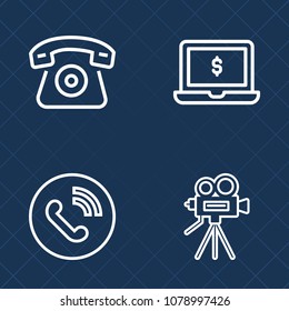 Premium set of outline vector icons. Such as equipment, ring, cell, old, monitor, notebook, smartphone, retro, communication, laptop, button, call, contact, computer, support, cellphone, phone, lens
