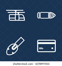 Premium set of outline vector icons. Such as equipment, construction, power, gun, train, shovel, electricity, transportation, debit, army, railway, business, ropes, electric, blue, bullet, railroad