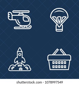Premium set of outline vector icons. Such as astronaut, parachuting, launch, air, skydiver, travel, discovery, blue, rescue, fly, sale, exploration, mission, science, transport, landing, jump, jumper