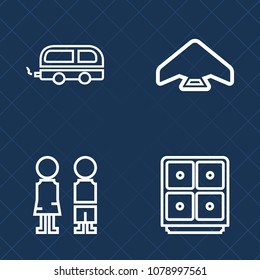 Premium set of outline vector icons. Such as flight, standing, currency, girl, jumper, happy, skydive, sign, together, female, transportation, child, fly, vehicle, city, bus, view, trip, sport, white