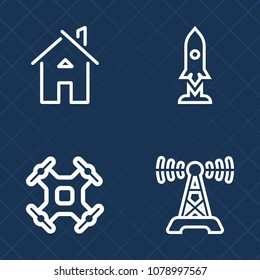 Premium set of outline vector icons. Such as property, door, spaceship, blue, aircraft, radio, science, real, helicopter, exterior, ship, satellite, aerial, space, craft, broadcasting, launch, drone