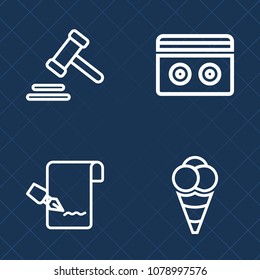 Premium set of outline vector icons. Such as court, legal, business, cassette, object, courthouse, judgment, media, white, old, retro, jury, vintage, gavel, sound, music, check, pad, pen, authority