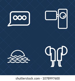 Premium set of outline vector icons. Such as cinema, earphone, speech, beautiful, stereo, yellow, dialog, old, speak, summer, blue, headset, element, video, camera, sunrise, sunny, lens, light, tripod