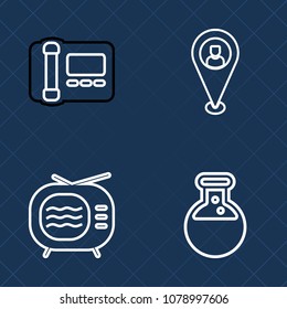 Premium set of outline vector icons. Such as communication, screen, tube, equipment, electric, video, pin, medical, science, marker, white, tv, style, place, phone, navigation, tool, tuner, dental