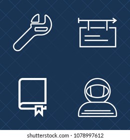 Premium set of outline vector icons. Such as encyclopedia, tool, literature, promotion, white, cosmonaut, work, advertisement, advertising, sign, education, wrench, maintenance, frame, ad, banner