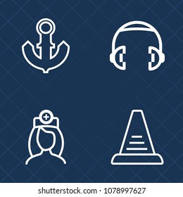Premium set of outline vector icons. Such as construction, ocean, health, water, vessel, woman, staircase, hospital, music, volume, medical, sound, earphone, nurse, marine, stair, listen, dj, travel