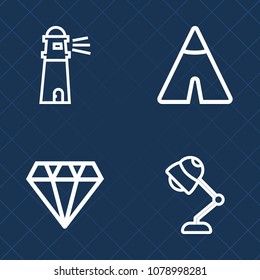 Premium set of outline vector icons. Such as tourism, luxury, beacon, jewelry, light, jewel, camp, illumination, interior, travel, adventure, lighthouse, recreation, sky, gemstone, brilliant, electric