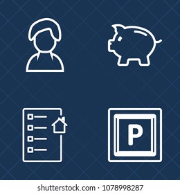 Premium set of outline vector icons. Such as bank, agreement, profile, mortgage, silhouette, transport, home, urban, banking, finance, coin, cash, female, document, girl, business, transportation, car