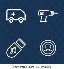 Premium set of outline vector icons. Such as equipment, electric, repair, rescue, service, music, power, transportation, storage, transport, care, medical, urgent, city, work, group, sign, marketing