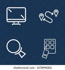 Premium set of outline vector icons. Such as monitor, device, sign, screen, concept, digital, map, look, position, led, find, seek, electronic, direction, communication, technology, white, magnify