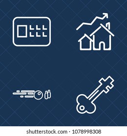Premium set of outline vector icons. Such as strike, play, retro, secure, system, lock, price, bank, vintage, speed, business, fun, steel, door, safety, finance, game, growth, mortgage, ball, house