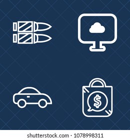 Premium set of outline vector icons. Such as shop, danger, label, connection, rifle, transport, cartridge, internet, steel, ammo, web, car, vehicle, bullet, sign, war, market, auto, army, business