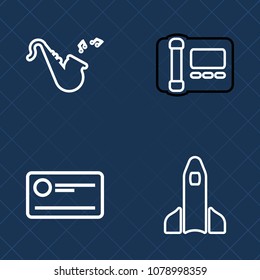 Premium set of outline vector icons. Such as sound, classical, shuttle, credit, paper, bugle, spaceship, saxophone, modern, investment, stationary, launch, finance, equipment, bank, music, phone, cash