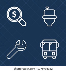 Premium set of outline vector icons. Such as closet, white, wc, toilet, sign, wrench, equipment, concept, industry, transport, repair, magnifying, internet, public, bus, water, road, city, speed, web