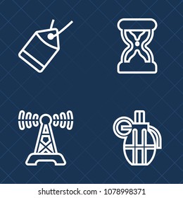 Premium set of outline vector icons. Such as radio, explosive, countdown, banner, dangerous, measure, tag, sign, vintage, hand, sand, paper, communication, label, glass, broadcast, timer, music, clock